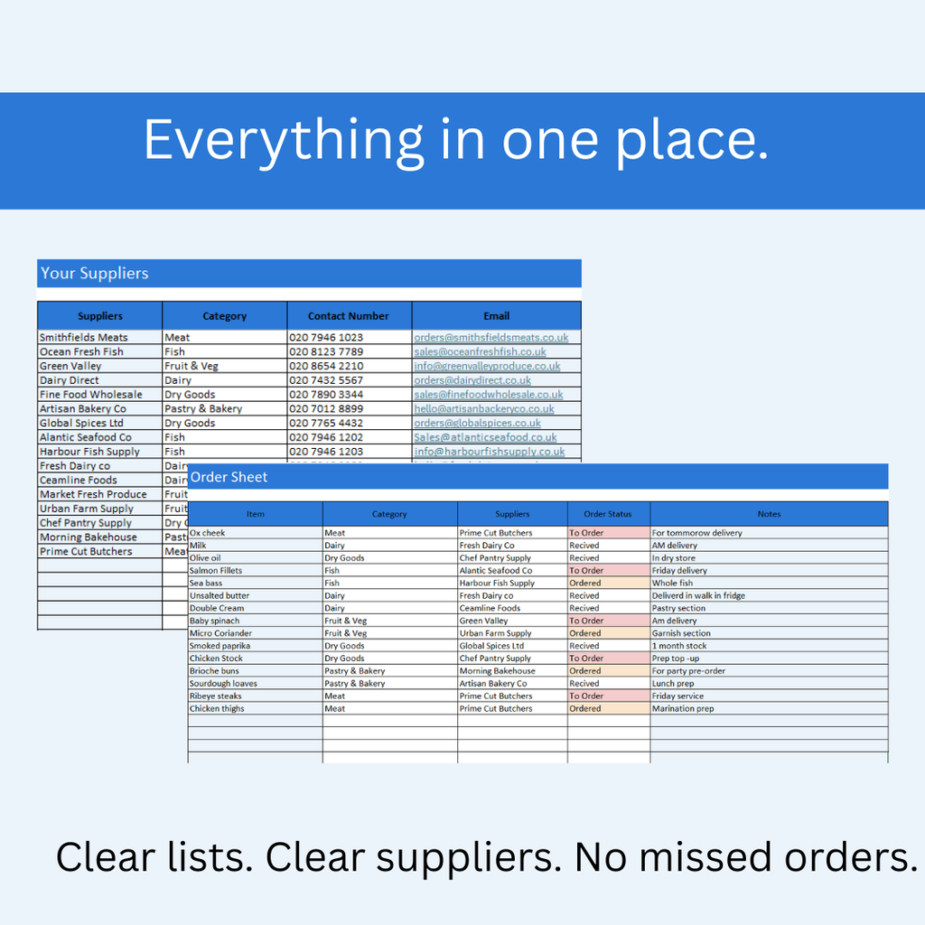 Kitchen Admin — Supplier & Order Sheet