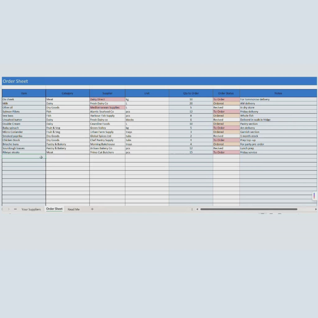 Kitchen Admin — Supplier & Order Sheet